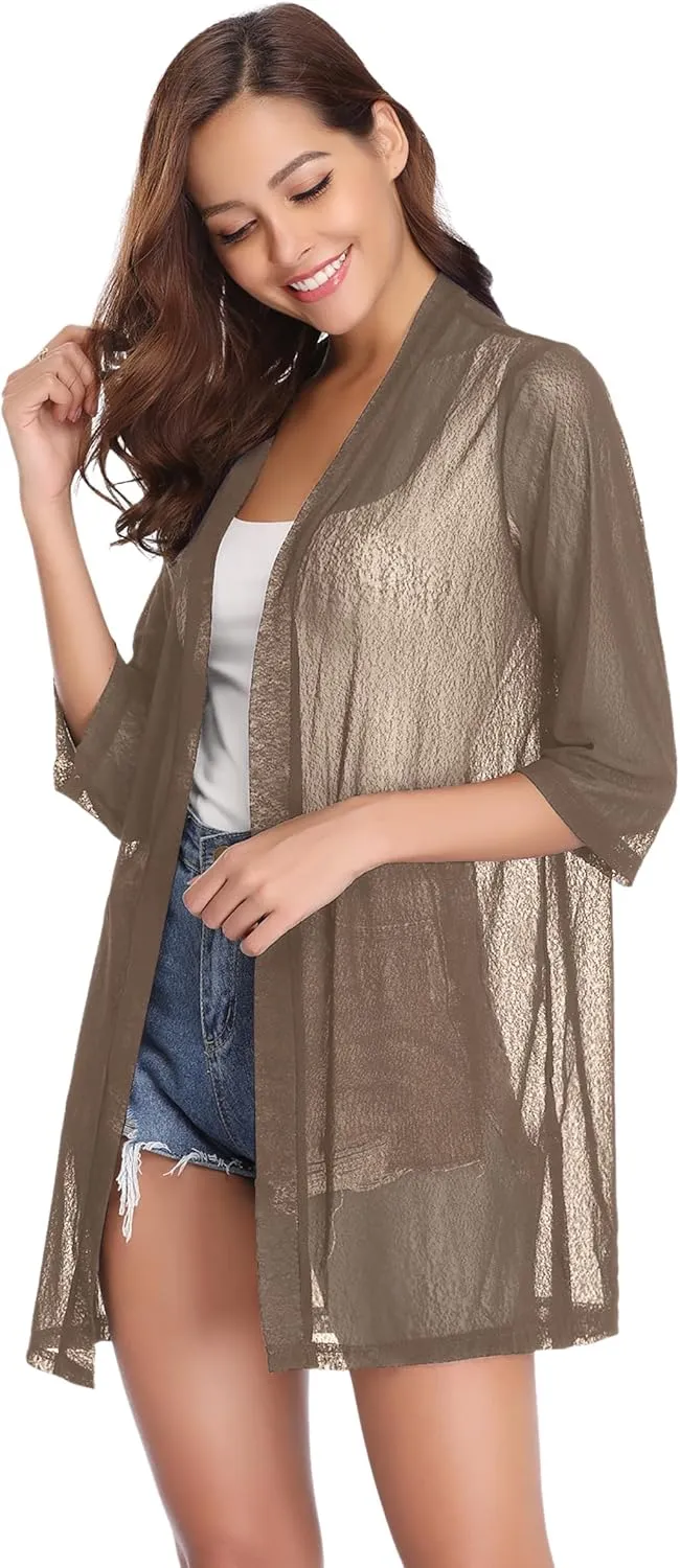 iClosam Women Casual 3/4 Sleeve Sheer Open Front Cardigan Sweater Kimono