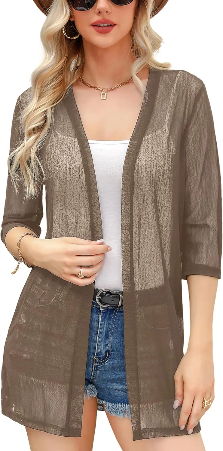 iClosam Women Casual 3/4 Sleeve Sheer Open Front Cardigan Sweater Kimono