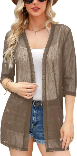 iClosam Women Casual 3/4 Sleeve Sheer Open Front Cardigan Sweater Kimono