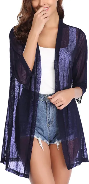 iClosam Women Casual 3/4 Sleeve Sheer Open Front Cardigan Sweater Kimono