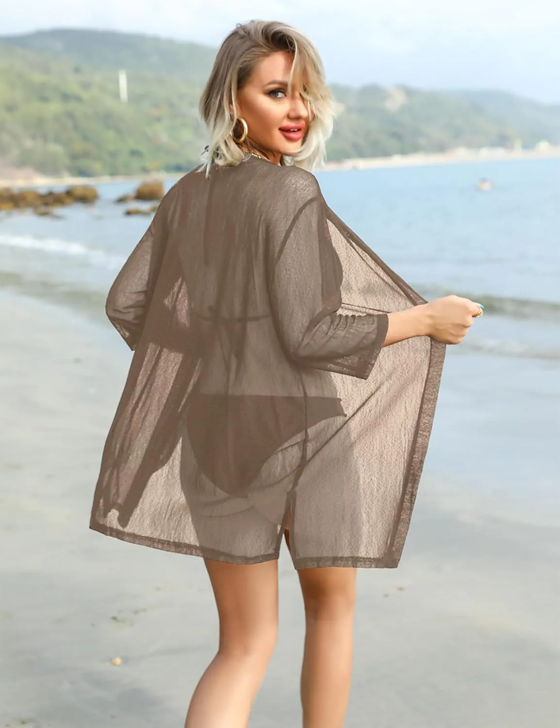 iClosam Women Casual 3/4 Sleeve Sheer Open Front Cardigan Sweater Kimono