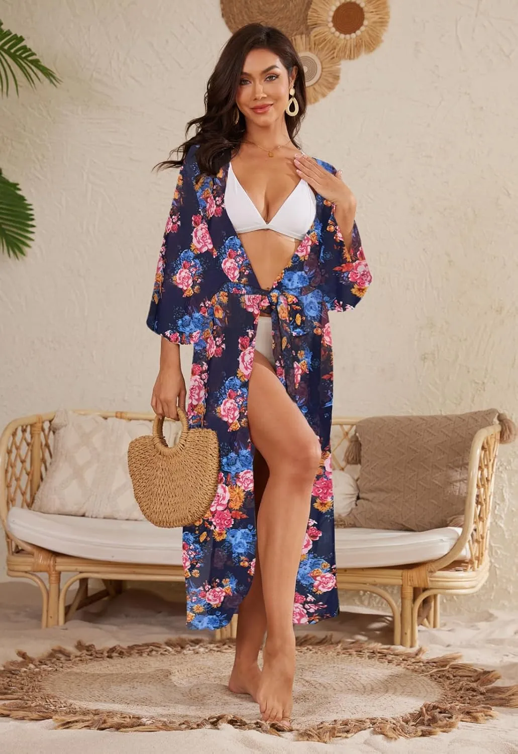 Jayscreate Women's Chiffon Kimono Cardigans Lightweight Batwing Summer Casual Long Boho Sheer Cardigan for Women Coverup Tops