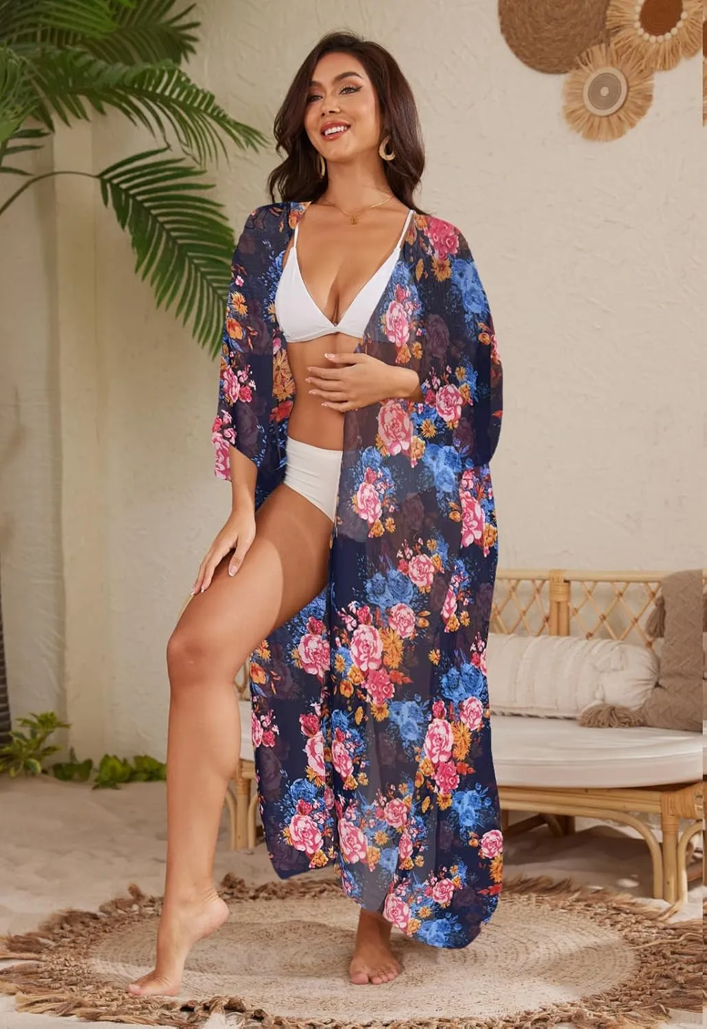 Jayscreate Women's Chiffon Kimono Cardigans Lightweight Batwing Summer Casual Long Boho Sheer Cardigan for Women Coverup Tops