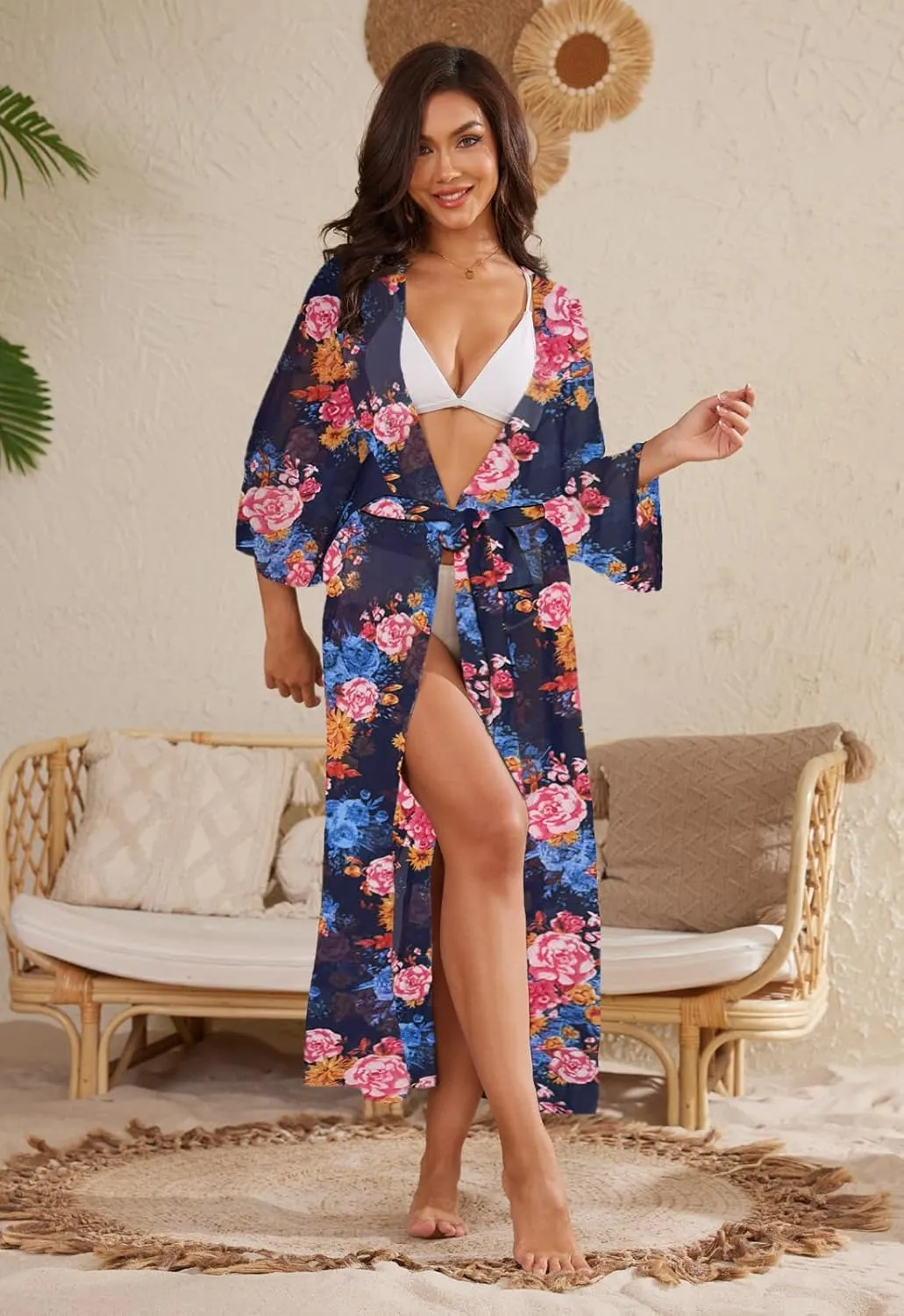 Jayscreate Women's Chiffon Kimono Cardigans Lightweight Batwing Summer Casual Long Boho Sheer Cardigan for Women Coverup Tops