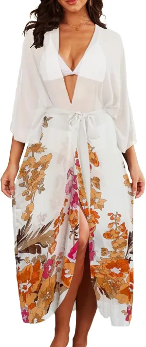 Jayscreate Women's Chiffon Kimono Cardigans Lightweight Batwing Summer Casual Long Boho Sheer Cardigan for Women Coverup Tops