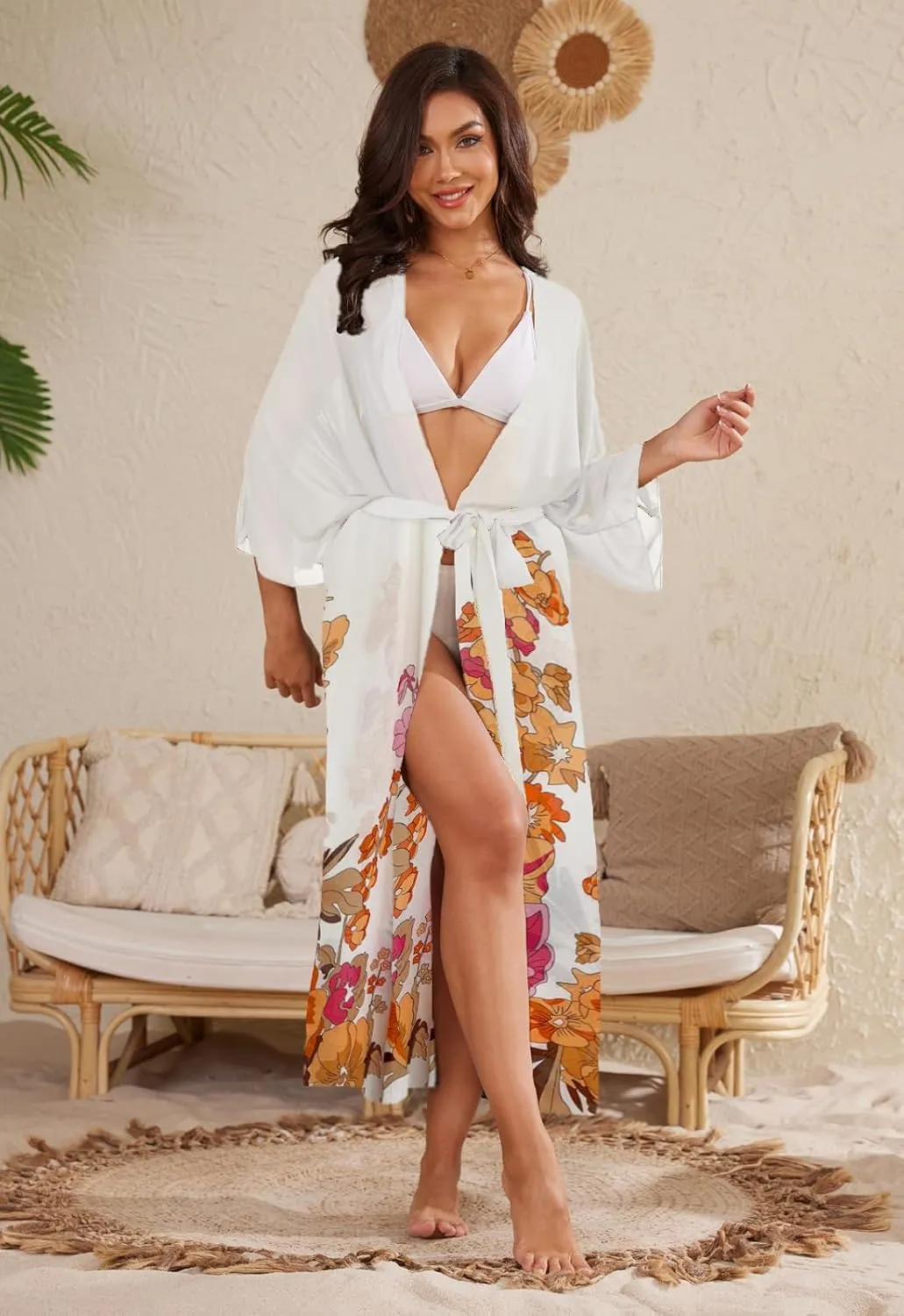 Jayscreate Women's Chiffon Kimono Cardigans Lightweight Batwing Summer Casual Long Boho Sheer Cardigan for Women Coverup Tops