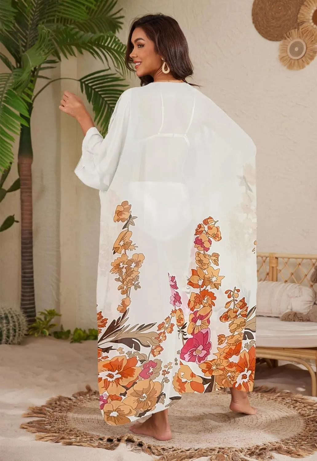 Jayscreate Women's Chiffon Kimono Cardigans Lightweight Batwing Summer Casual Long Boho Sheer Cardigan for Women Coverup Tops