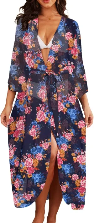 Jayscreate Women's Chiffon Kimono Cardigans Lightweight Batwing Summer Casual Long Boho Sheer Cardigan for Women Coverup Tops