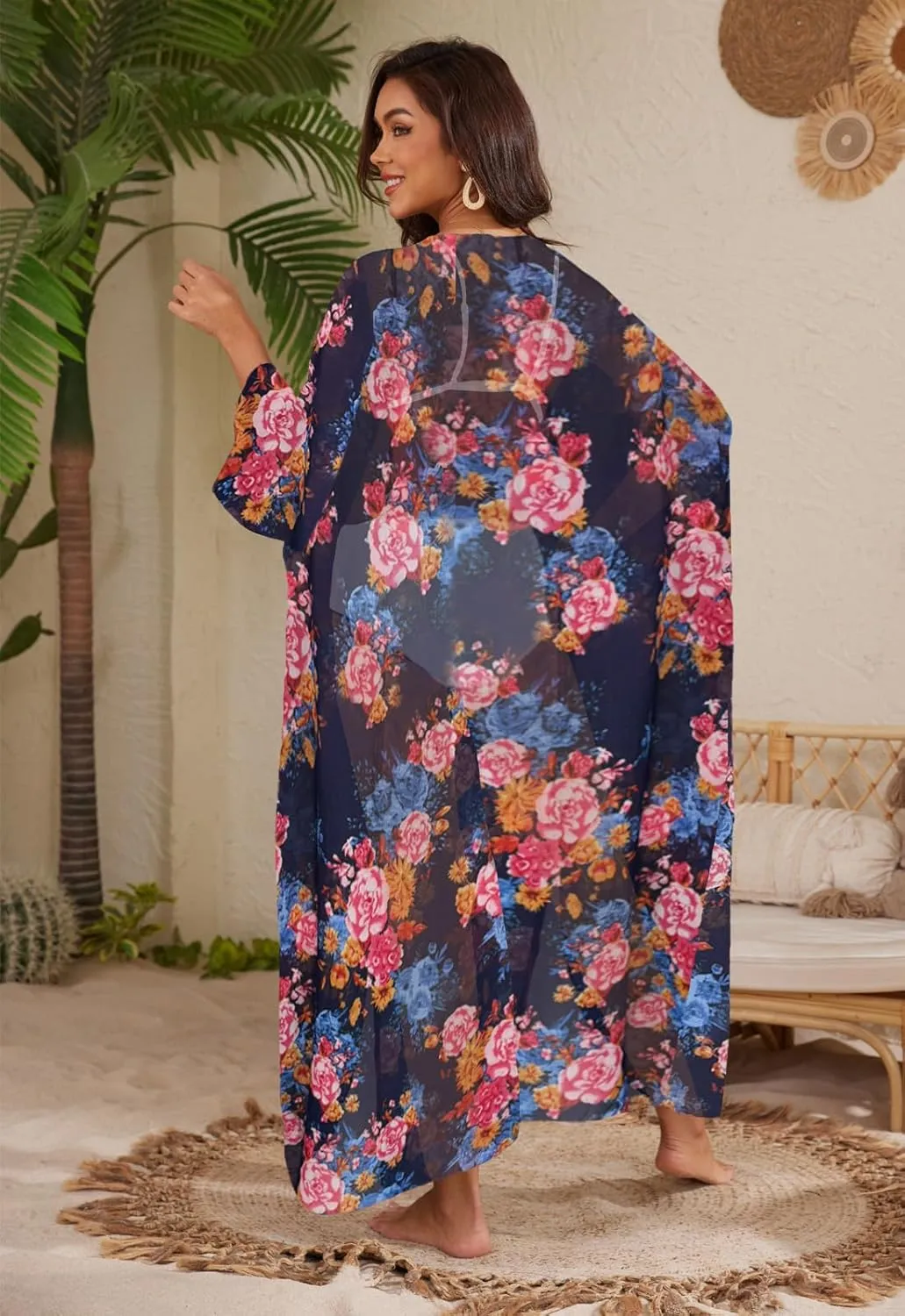 Jayscreate Women's Chiffon Kimono Cardigans Lightweight Batwing Summer Casual Long Boho Sheer Cardigan for Women Coverup Tops