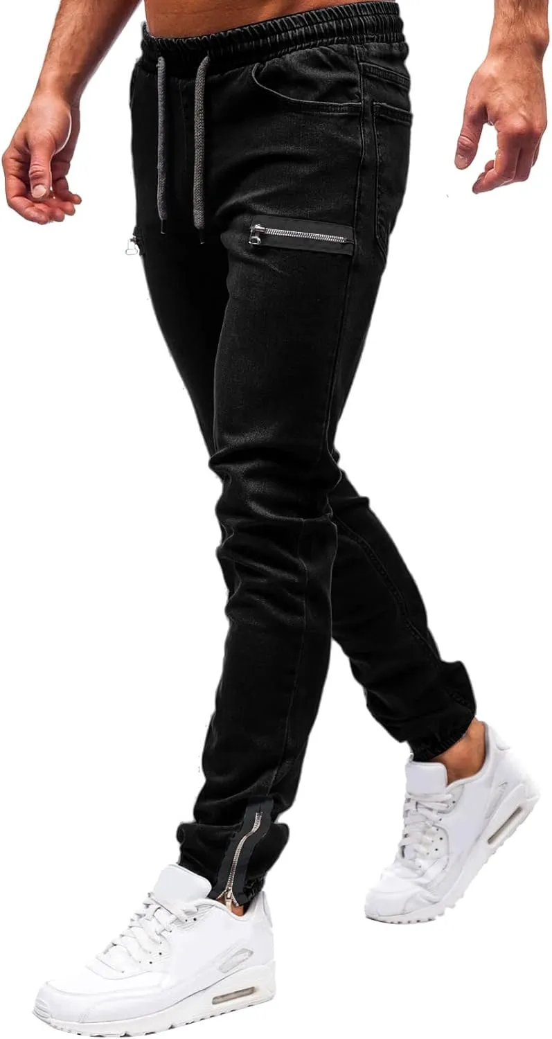 Jeans for Men Slim Fit Vintage Jeans Loose Denim Pants with Zipper Pockets Hip Hop Elastic Dance Pants Streetwear