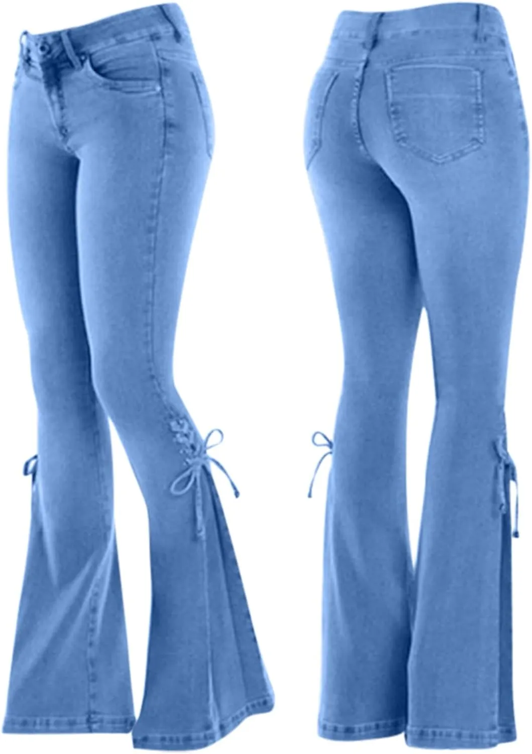 Jeans for Women Fashion High Waist Loose Lace-Up Flared Denim Pants Stretch Slim Bell Jeans Trousers with Pockets