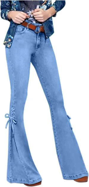 Jeans for Women Fashion High Waist Loose Lace-Up Flared Denim Pants Stretch Slim Bell Jeans Trousers with Pockets