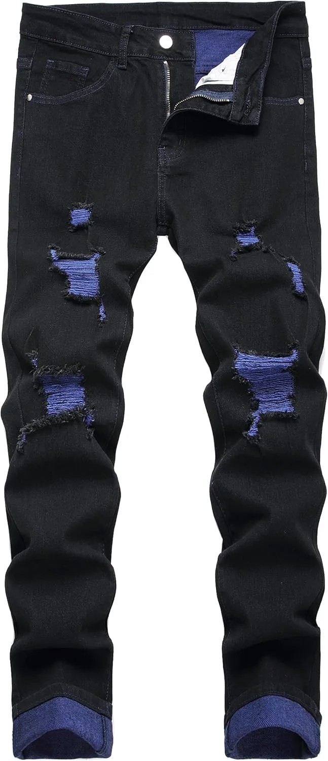 JUNBAOSS Men's Slim Fit Stretch Jeans Ripped Skinny Jeans for Men, Fashion Distressed Straight Comfort Flex Waist Pants