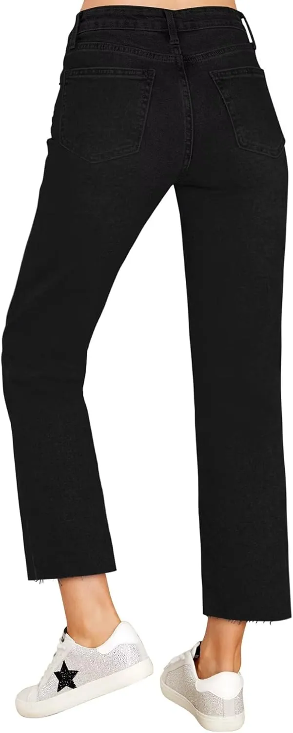 KDF Women's Cropped Straight Leg Jeans - High Waisted Jeans for Women 7/8 Length Denim Pants with Crop Hem