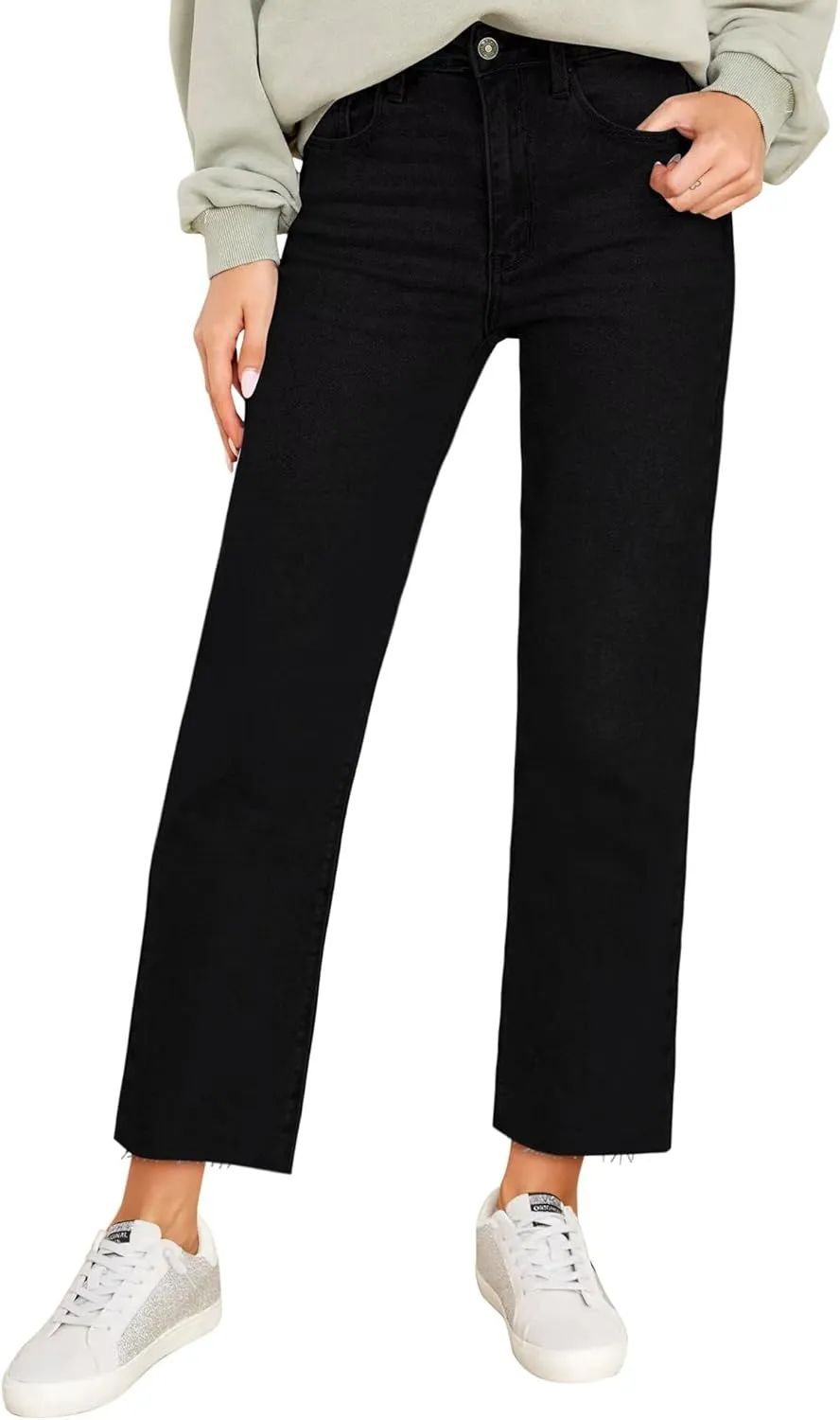 KDF Women's Cropped Straight Leg Jeans - High Waisted Jeans for Women 7/8 Length Denim Pants with Crop Hem