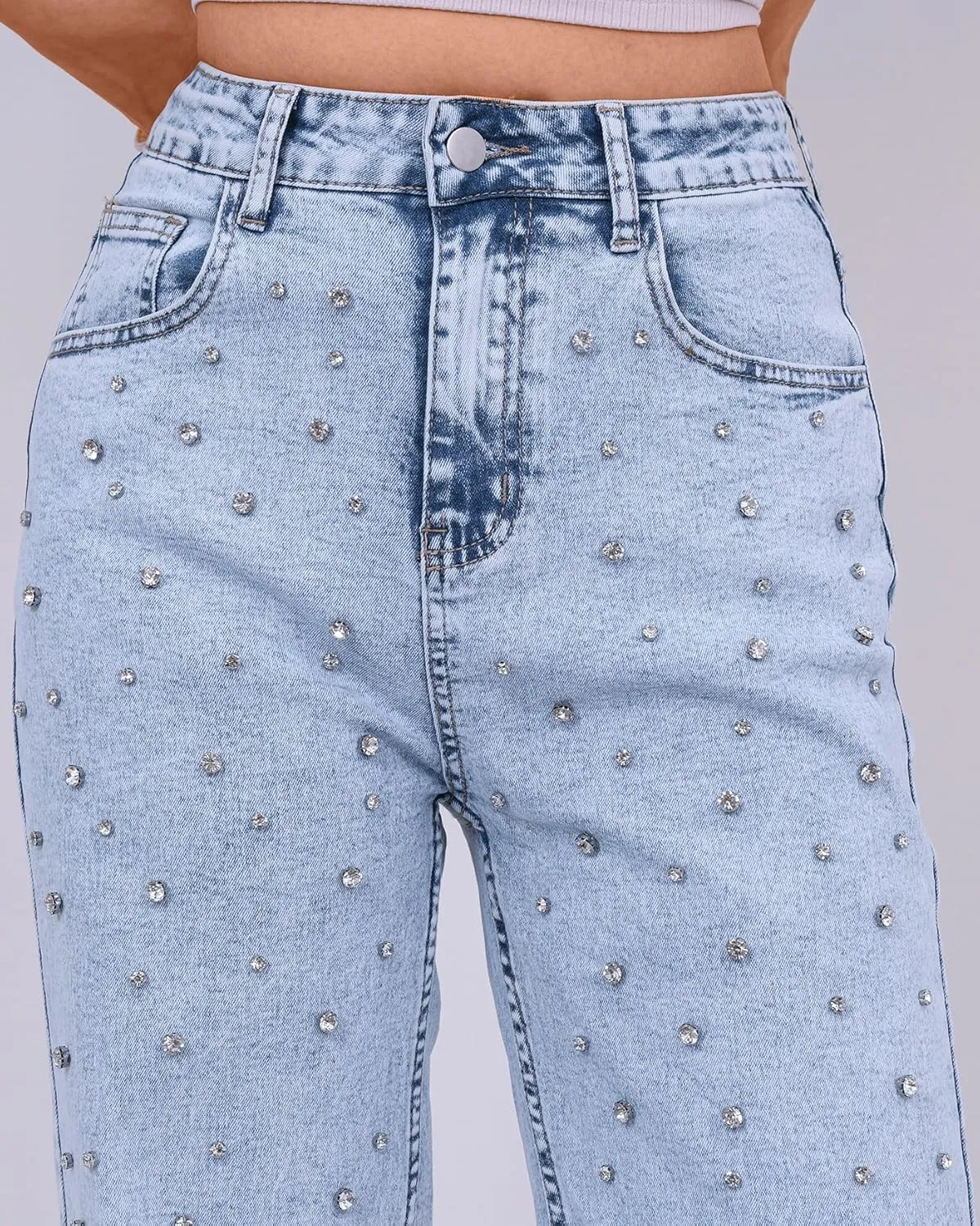 Kedera Women's Wide Leg Jeans Rhinestone Bling Jeans High Waisted Denim Pants