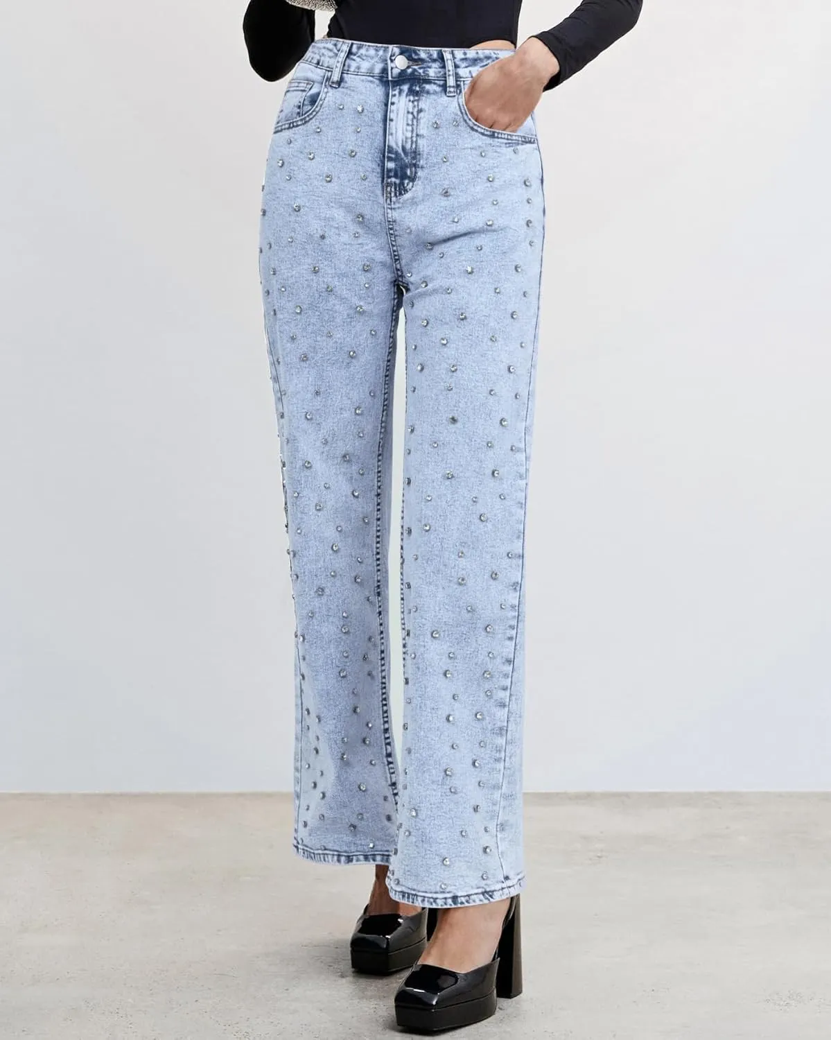 Kedera Women's Wide Leg Jeans Rhinestone Bling Jeans High Waisted Denim Pants
