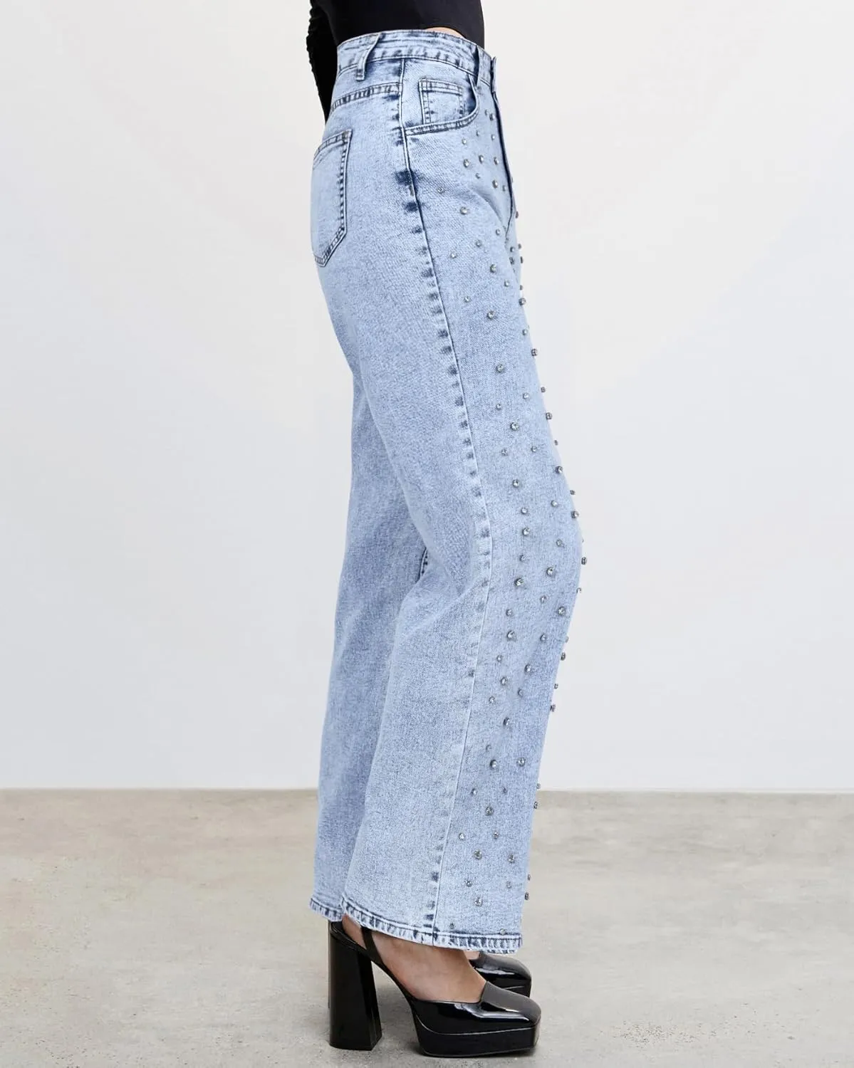 Kedera Women's Wide Leg Jeans Rhinestone Bling Jeans High Waisted Denim Pants