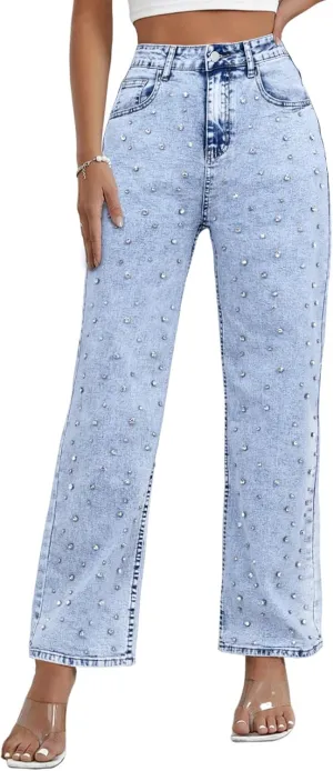Kedera Women's Wide Leg Jeans Rhinestone Bling Jeans High Waisted Denim Pants