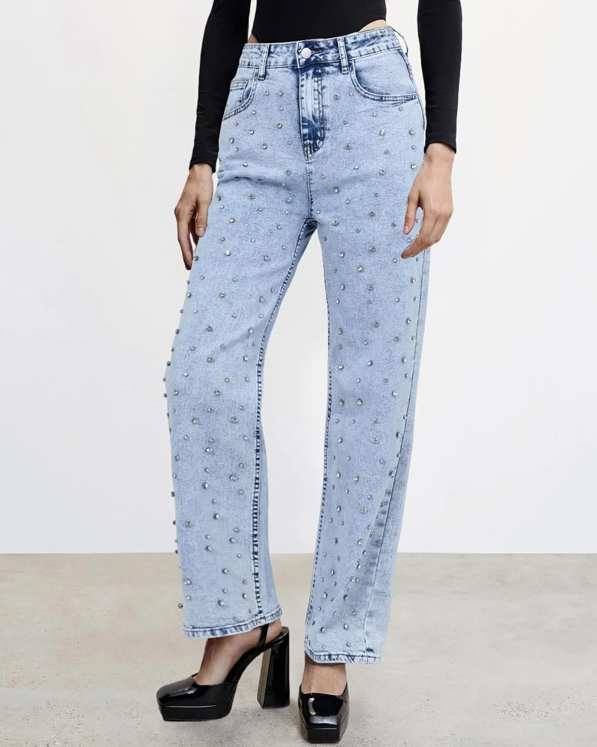 Kedera Women's Wide Leg Jeans Rhinestone Bling Jeans High Waisted Denim Pants