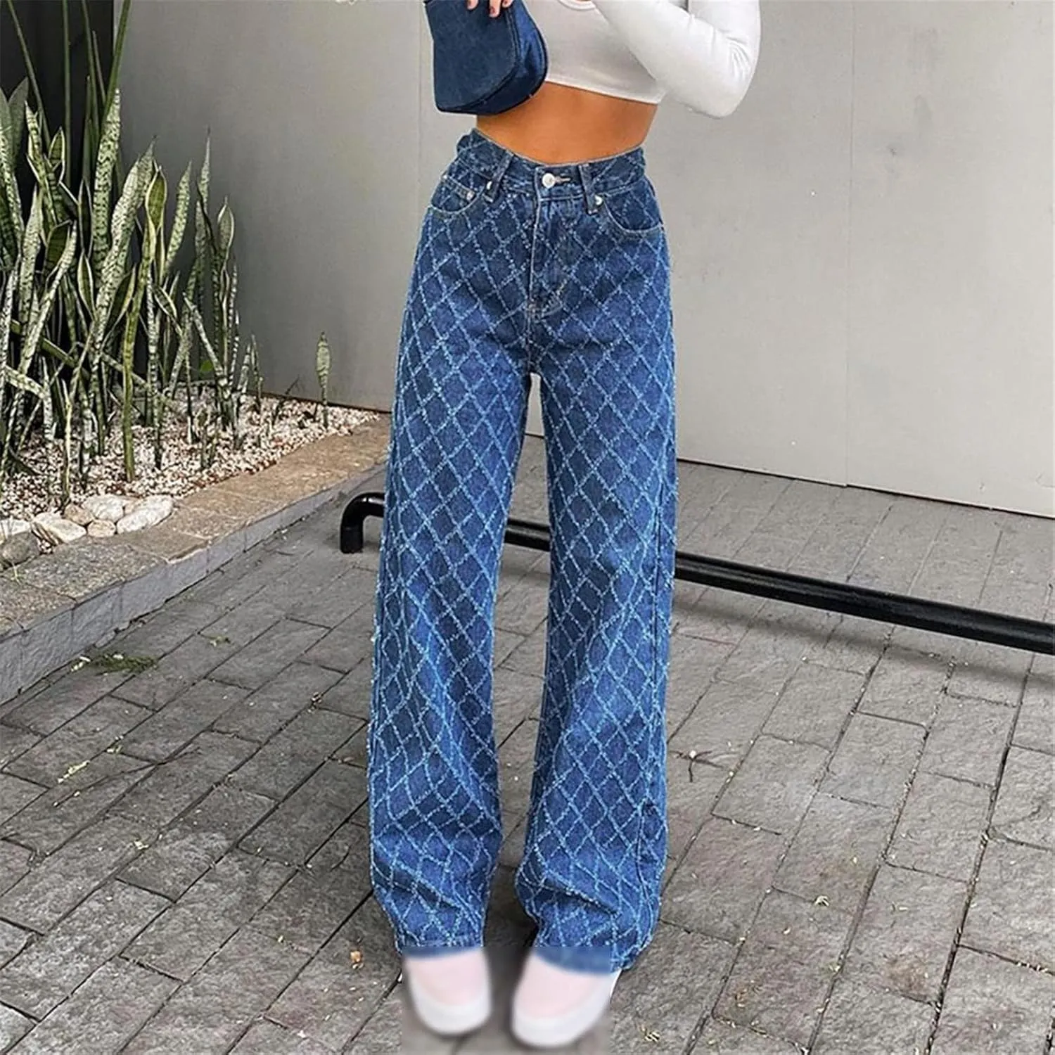 Kelsiop Spring Ladies Jeans High Waist Loose Denim Trousers Rhombus Shaped Old Long Straight Thick Edge Jeans