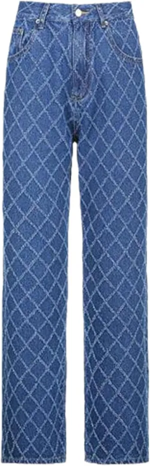 Kelsiop Spring Ladies Jeans High Waist Loose Denim Trousers Rhombus Shaped Old Long Straight Thick Edge Jeans