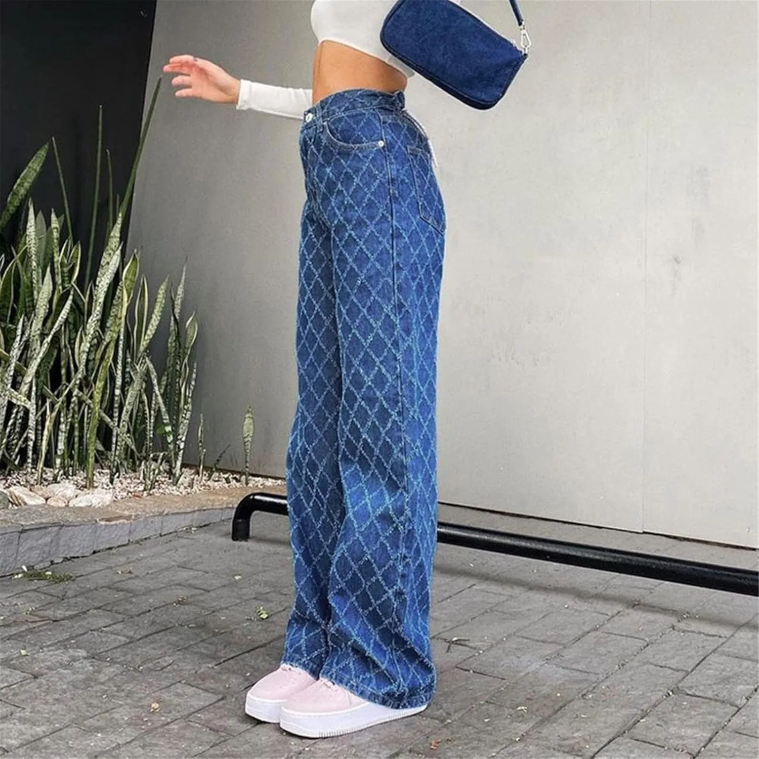 Kelsiop Spring Ladies Jeans High Waist Loose Denim Trousers Rhombus Shaped Old Long Straight Thick Edge Jeans