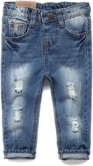 KIDSCOOL SPACE Baby Girl Boy Jeans,Little Kid Elastic Band Inside Ripped Denim Jeans Pants