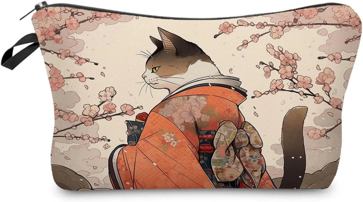 Kimono Kitten Gift Japanese Style Cat Makeup Bag Cute Small Organizer Bag Travel Toiletry Zipper Pouch Cat Neko Cosmetic Bag Birthday Christmas Gift for Cat Lovers Women