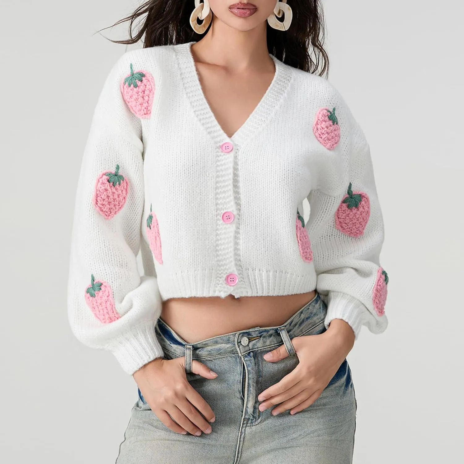 KMBANGI Women Button Down Sweater V Neck Cable Knit Crop Cardigan Cute Oversized Jumper Top Aesthetic Clothes