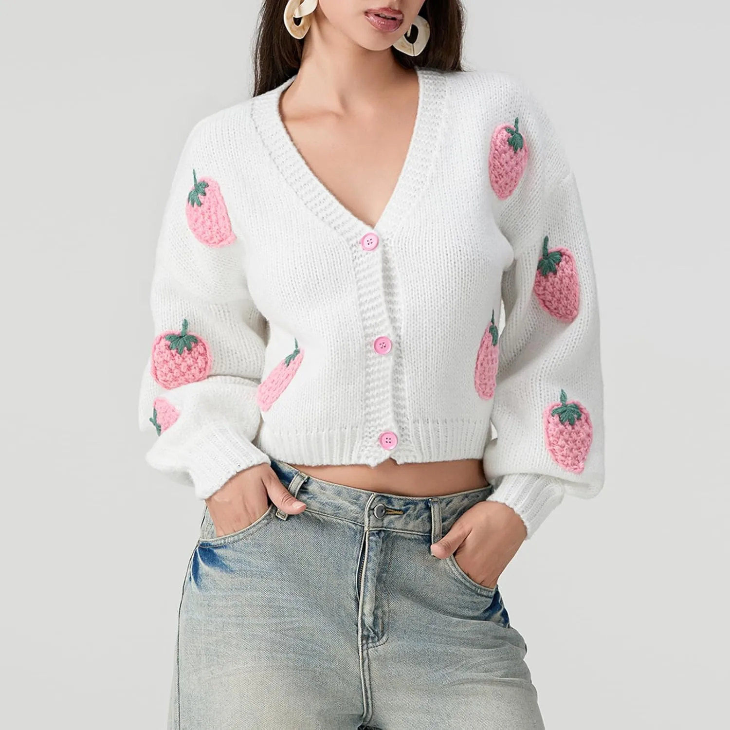KMBANGI Women Button Down Sweater V Neck Cable Knit Crop Cardigan Cute Oversized Jumper Top Aesthetic Clothes