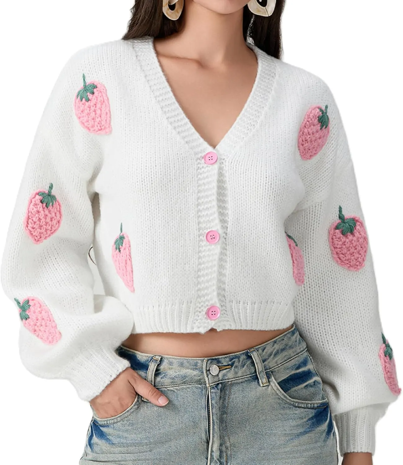 KMBANGI Women Button Down Sweater V Neck Cable Knit Crop Cardigan Cute Oversized Jumper Top Aesthetic Clothes