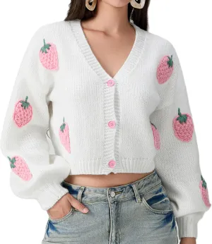 KMBANGI Women Button Down Sweater V Neck Cable Knit Crop Cardigan Cute Oversized Jumper Top Aesthetic Clothes