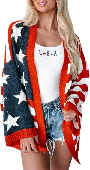 KMBANGI Womens American Flag Knit Cardigan Long Sleeve Open Front Patriotic Sweater Loose Oversized Knitwear Coat