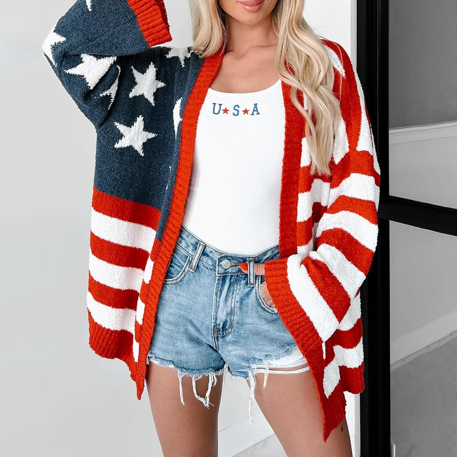 KMBANGI Womens American Flag Knit Cardigan Long Sleeve Open Front Patriotic Sweater Loose Oversized Knitwear Coat