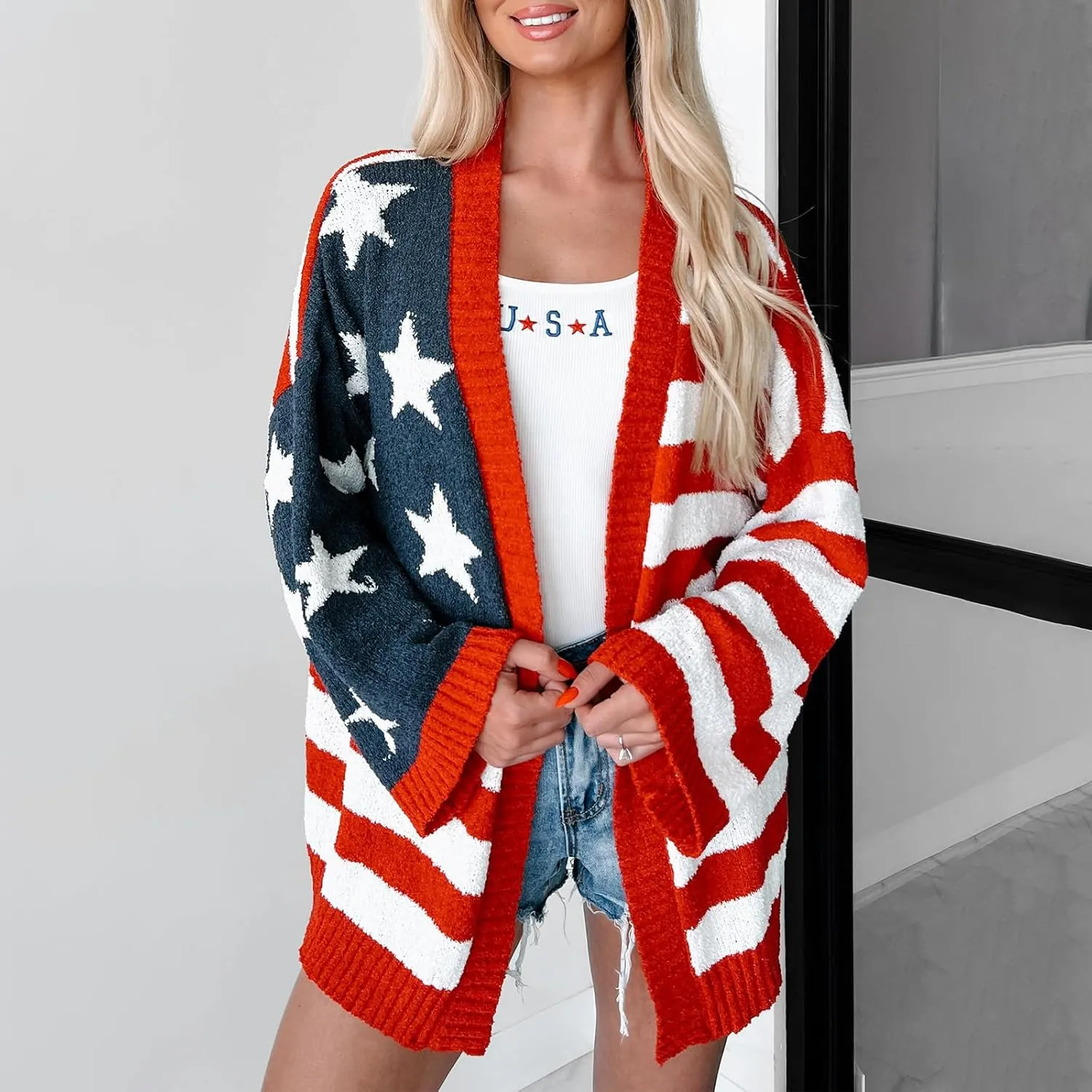 KMBANGI Womens American Flag Knit Cardigan Long Sleeve Open Front Patriotic Sweater Loose Oversized Knitwear Coat