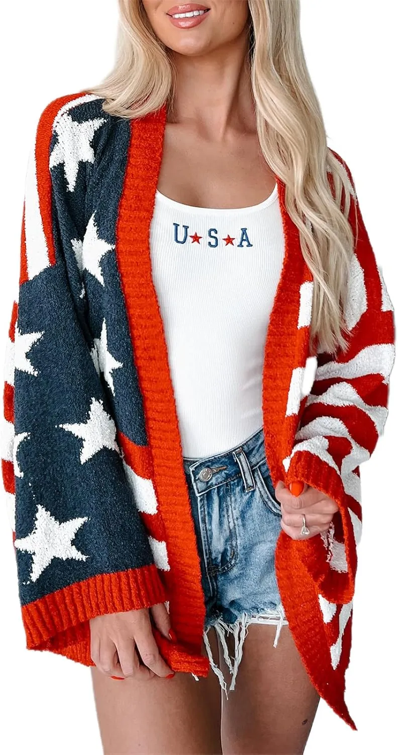 KMBANGI Womens American Flag Knit Cardigan Long Sleeve Open Front Patriotic Sweater Loose Oversized Knitwear Coat