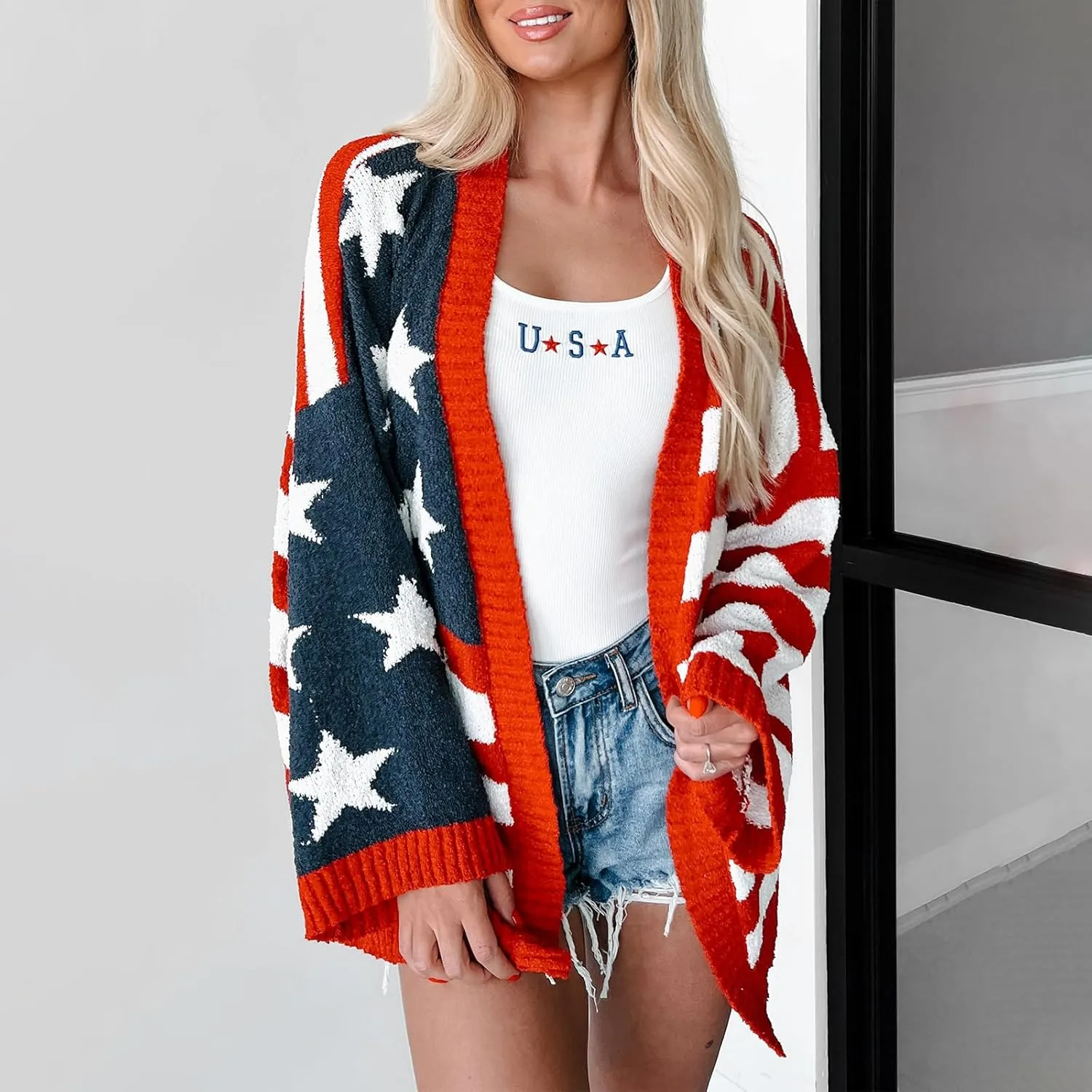 KMBANGI Womens American Flag Knit Cardigan Long Sleeve Open Front Patriotic Sweater Loose Oversized Knitwear Coat