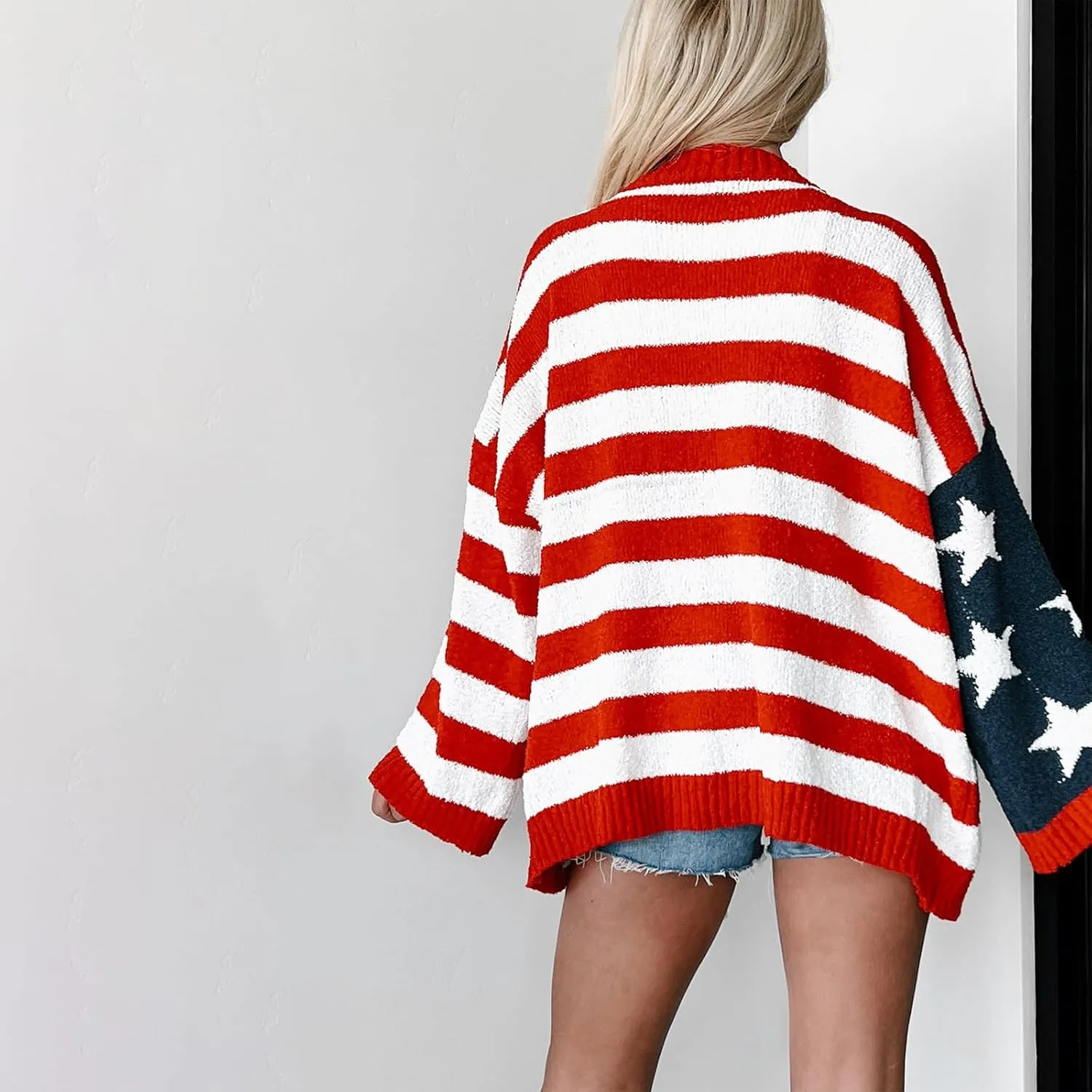 KMBANGI Womens American Flag Knit Cardigan Long Sleeve Open Front Patriotic Sweater Loose Oversized Knitwear Coat