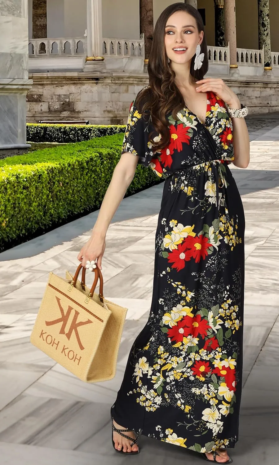KOH KOH Womens Long Summer Floral Evening Sexy Kaftan Evening Gown Maxi Dress