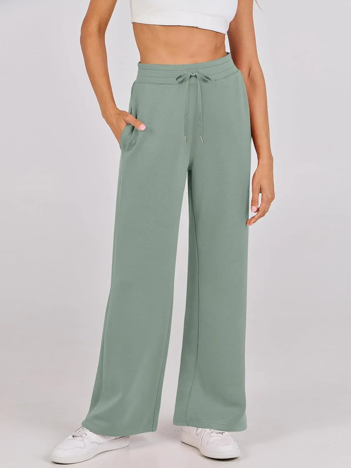 Kubbon Wide Leg Pants for Women High Waist Trousers Adjustable Knotted Comfy Loose Sweatpants Summer Casual Jogging Pants