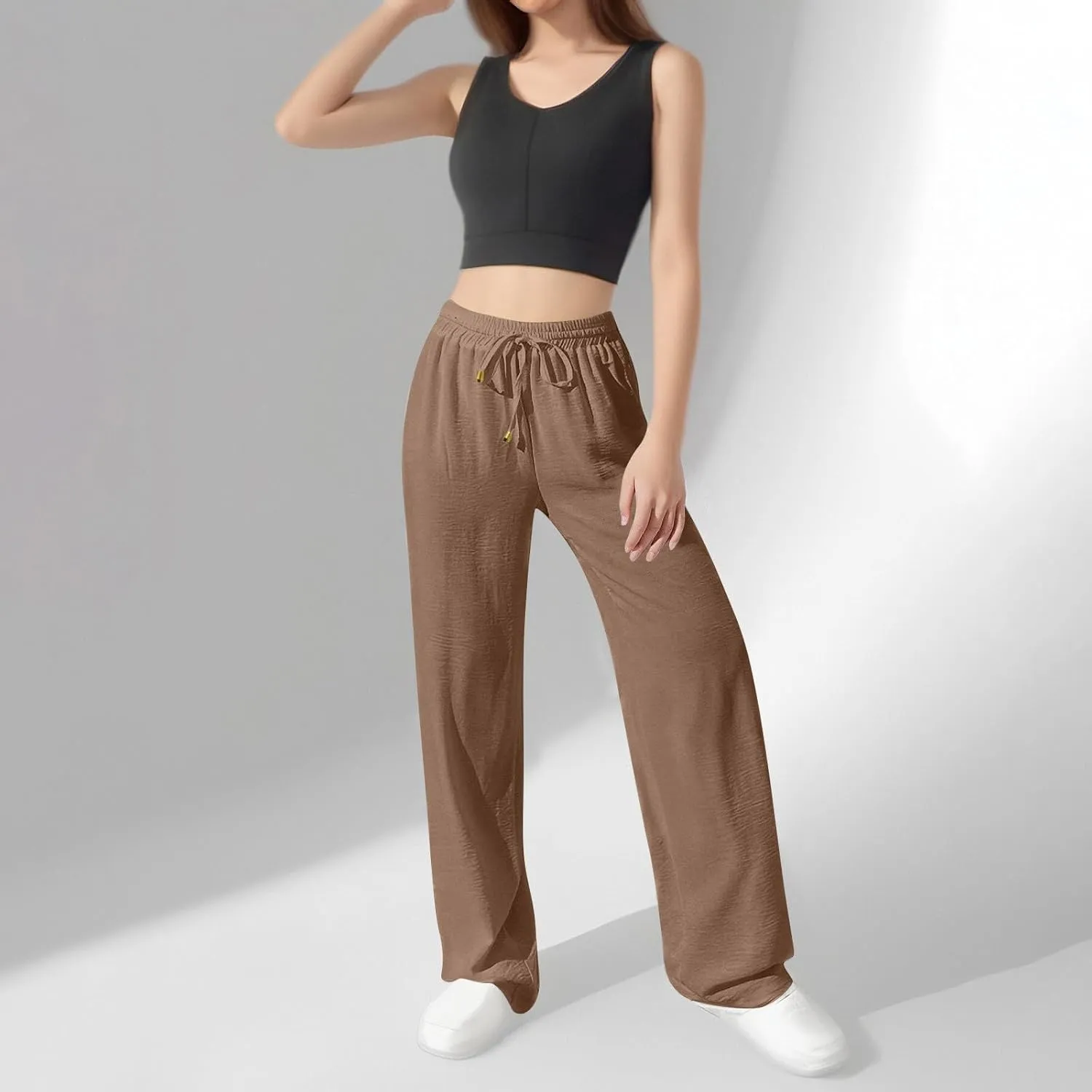 Ladies Linen Pants Summer Drawstring High Waist Wide Leg Pants Casual Palazzo Pant Fashion Trouser with Pockets