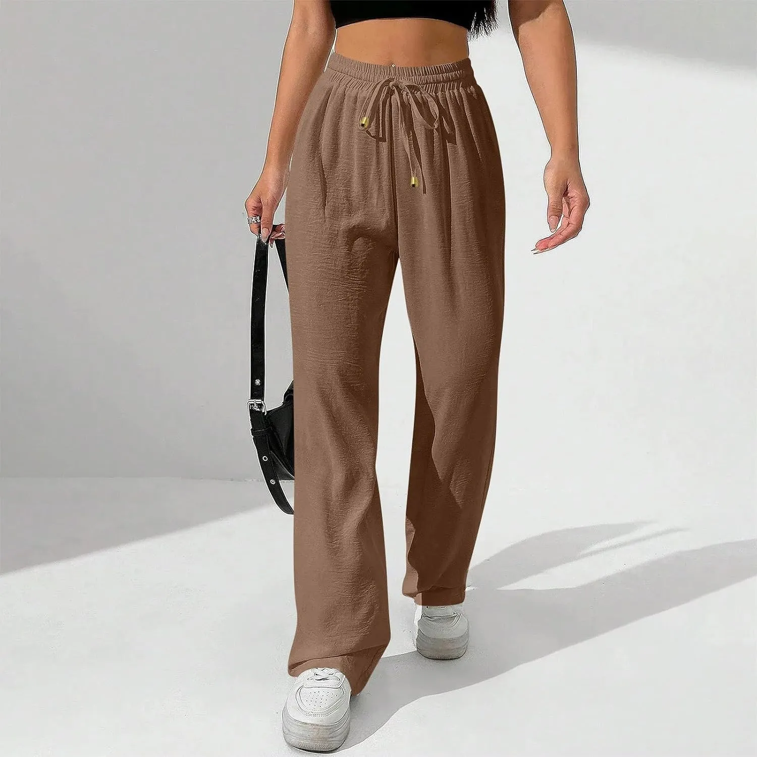 Ladies Linen Pants Summer Drawstring High Waist Wide Leg Pants Casual Palazzo Pant Fashion Trouser with Pockets