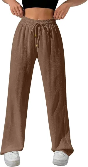 Ladies Linen Pants Summer Drawstring High Waist Wide Leg Pants Casual Palazzo Pant Fashion Trouser with Pockets