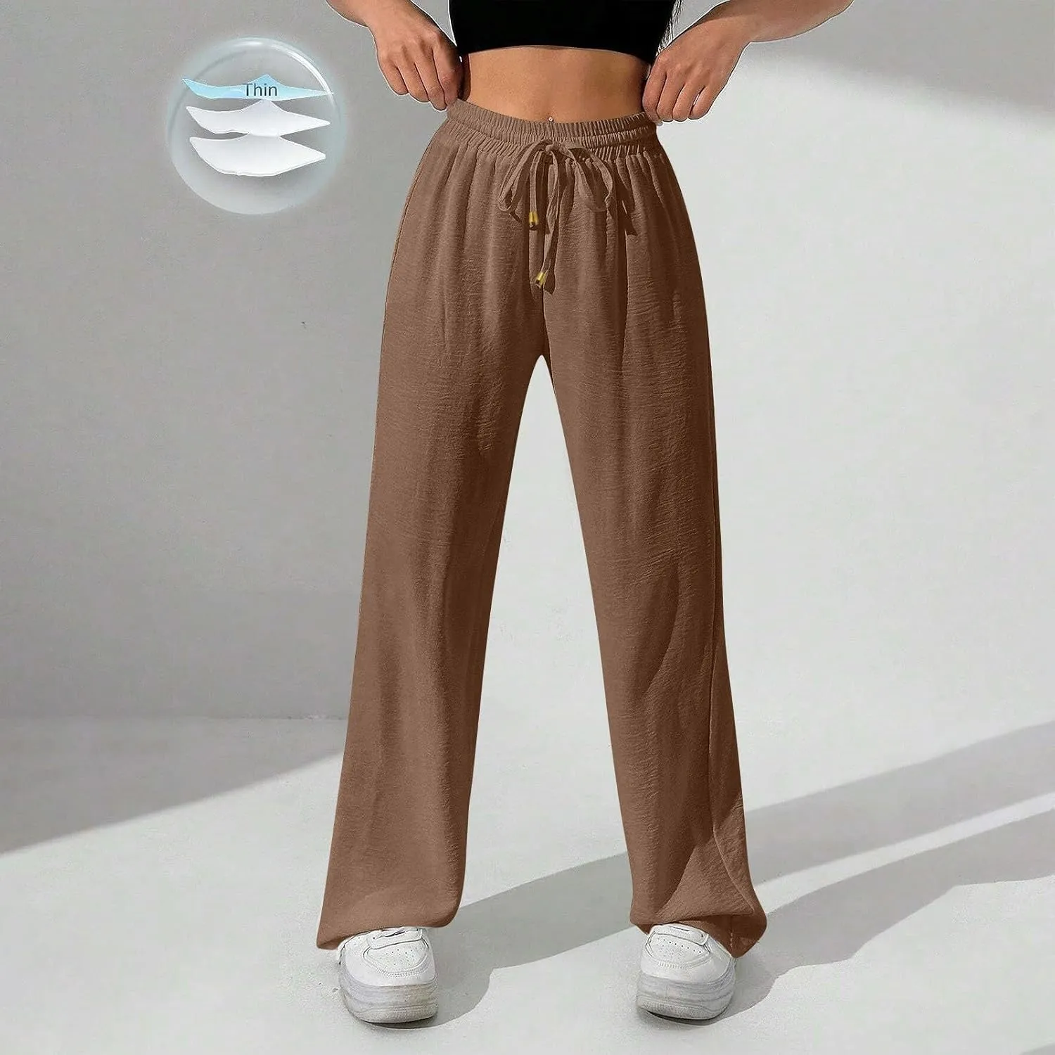 Ladies Linen Pants Summer Drawstring High Waist Wide Leg Pants Casual Palazzo Pant Fashion Trouser with Pockets