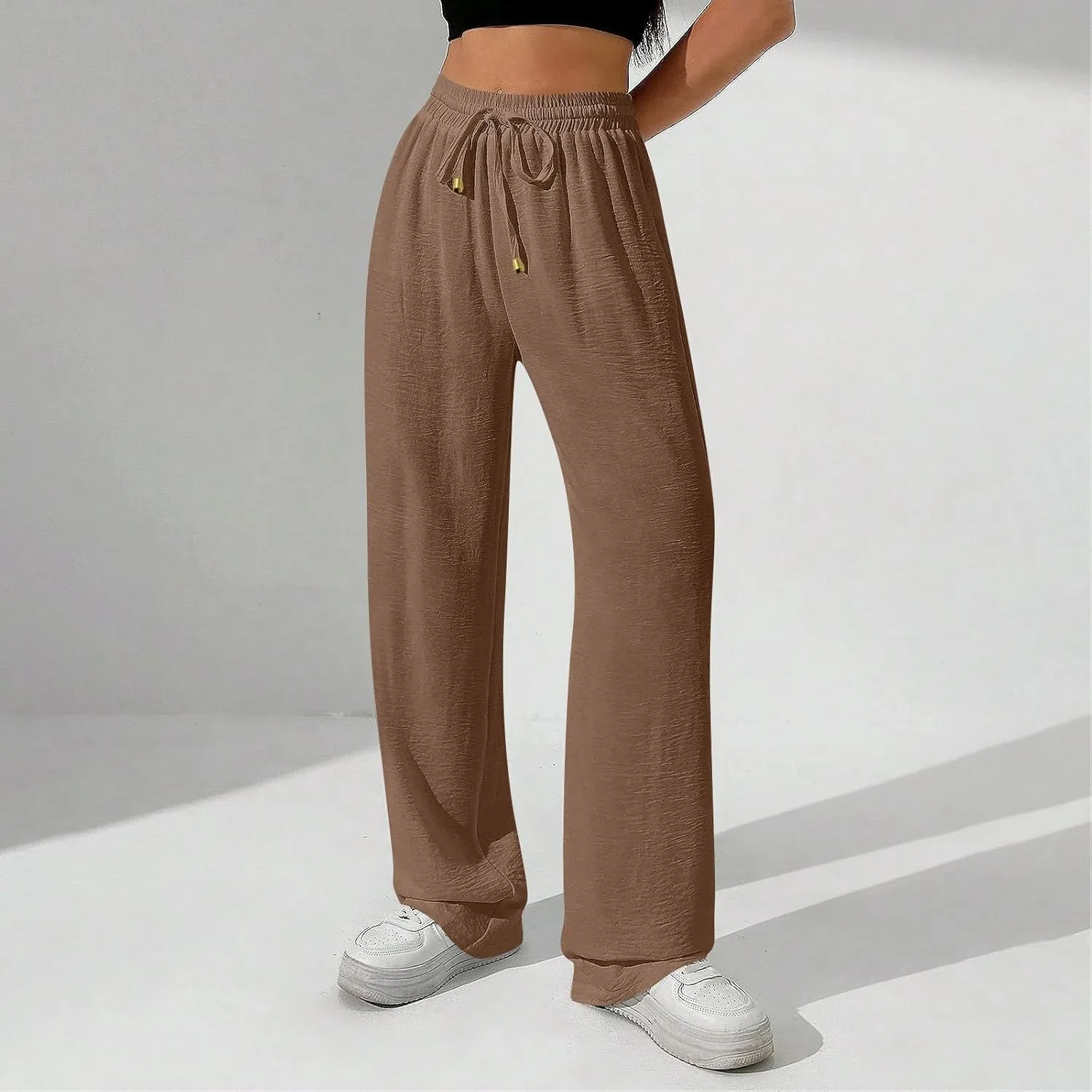 Ladies Linen Pants Summer Drawstring High Waist Wide Leg Pants Casual Palazzo Pant Fashion Trouser with Pockets