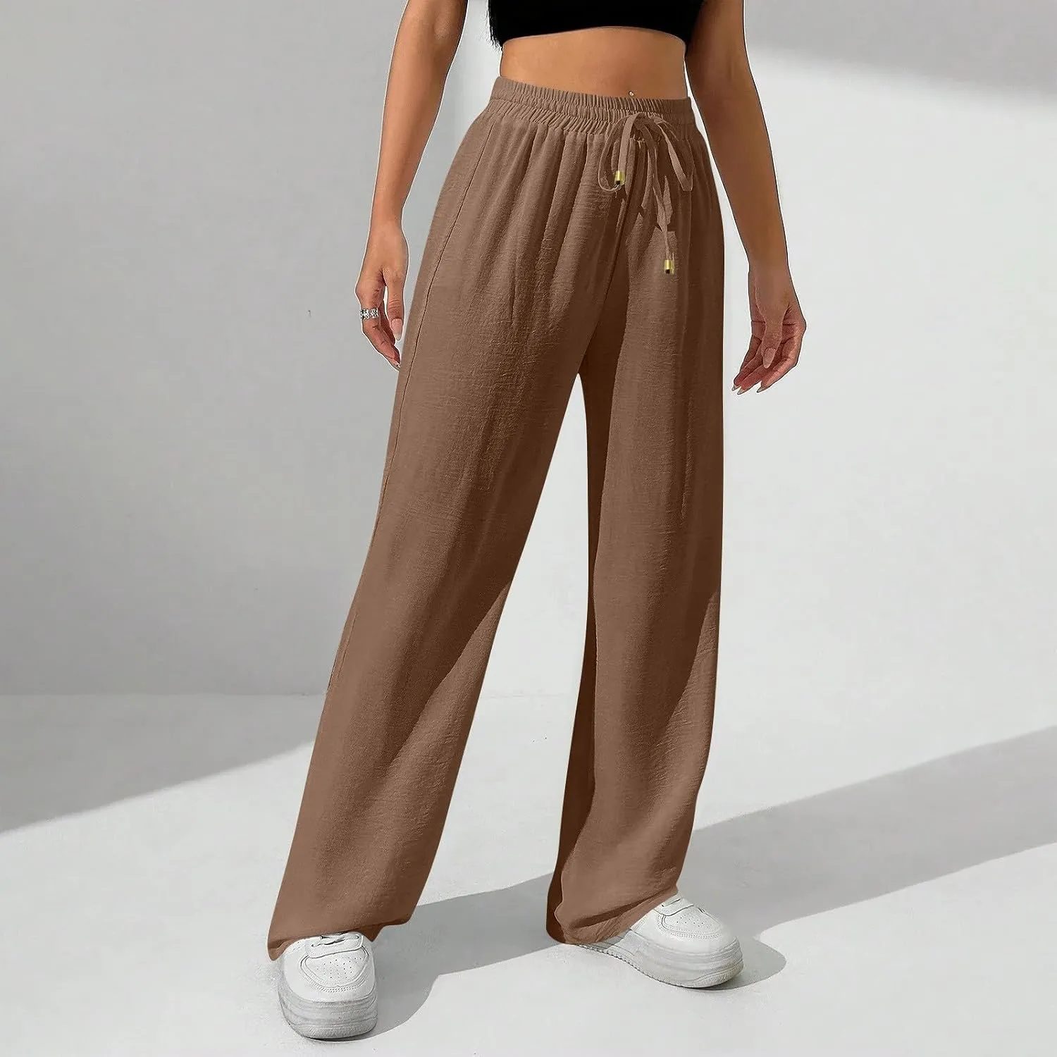 Ladies Linen Pants Summer Drawstring High Waist Wide Leg Pants Casual Palazzo Pant Fashion Trouser with Pockets