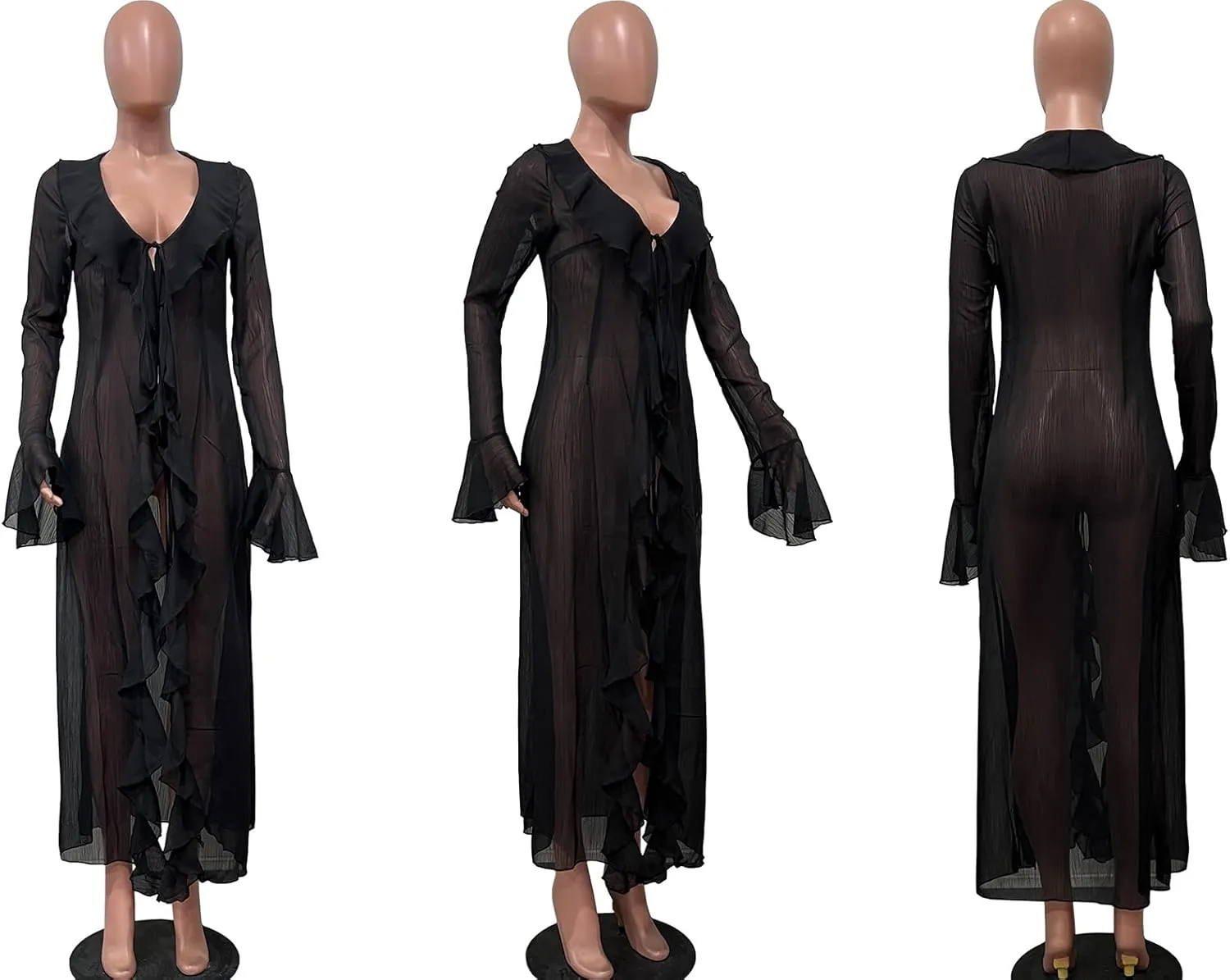 LETSVDO Women Sheer Long Kimono Cardigan Bell Sleeve Mesh Chiffon Ruffle Flowy Duster Robe Beach Swimsuit Cover Up Dress