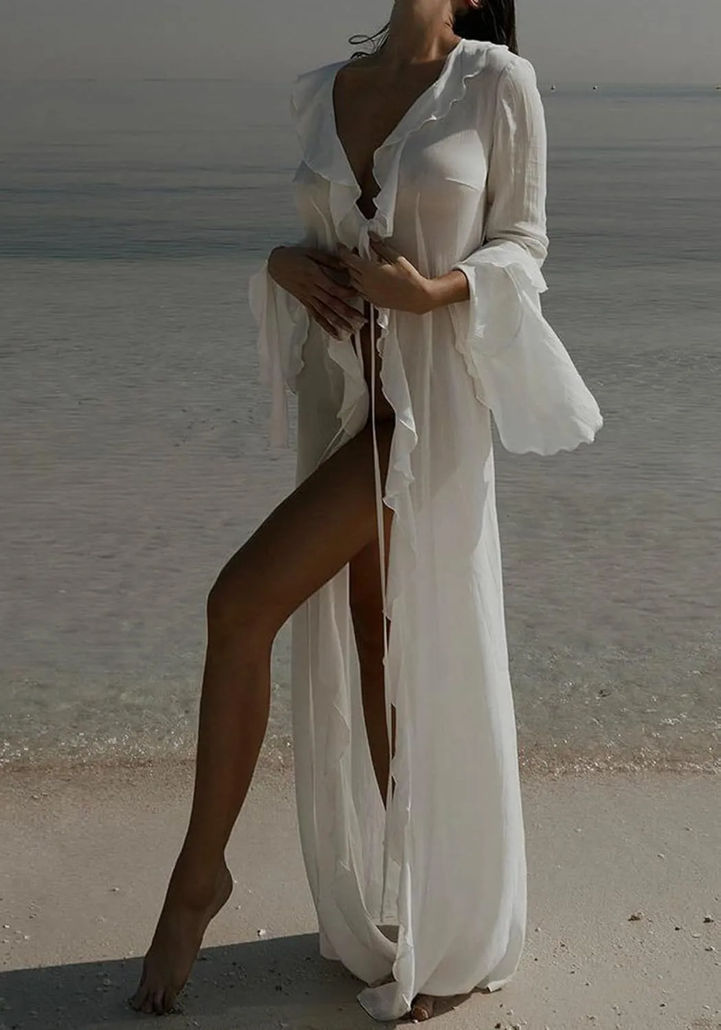 LETSVDO Women Sheer Long Kimono Cardigan Bell Sleeve Mesh Chiffon Ruffle Flowy Duster Robe Beach Swimsuit Cover Up Dress