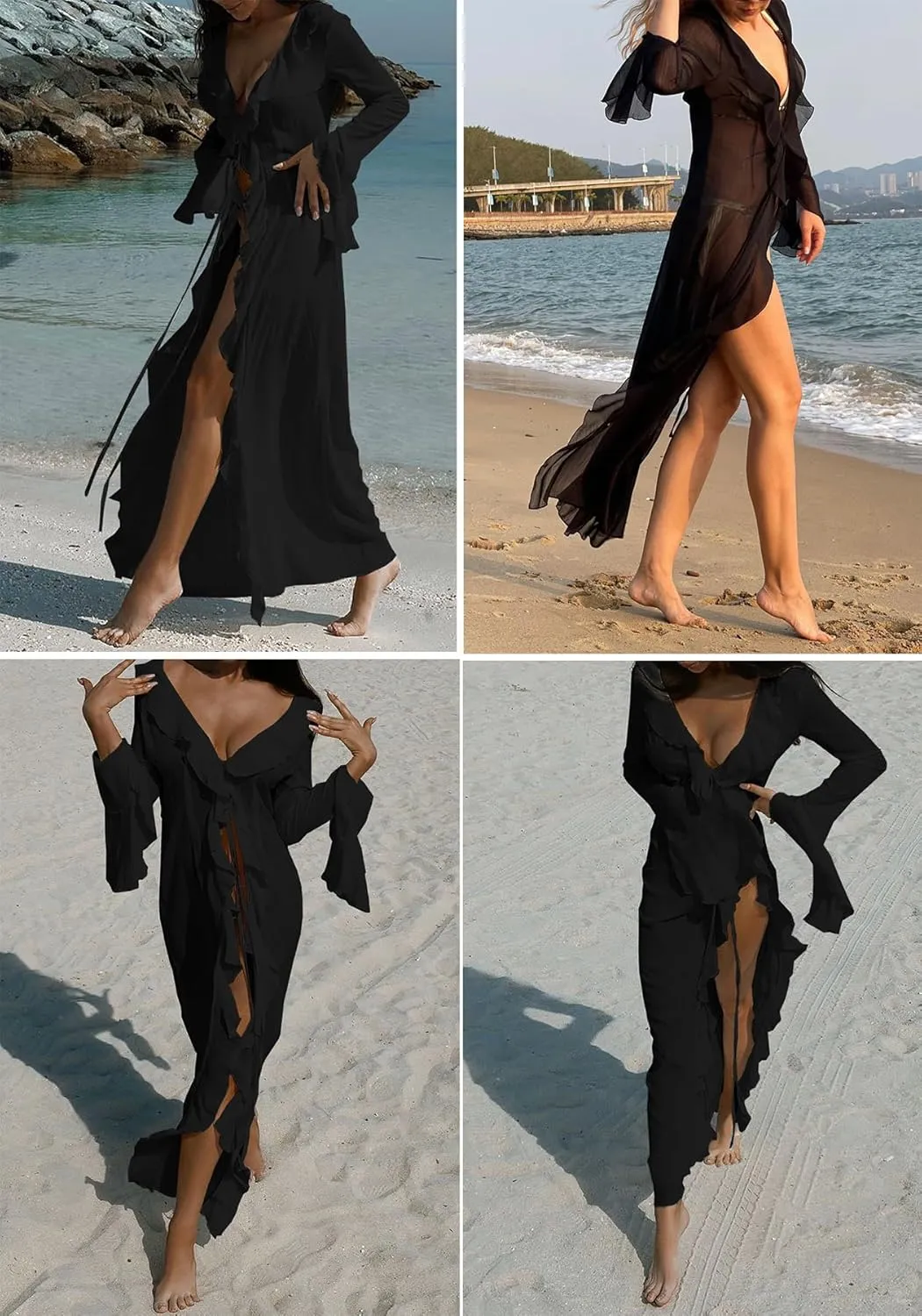 LETSVDO Women Sheer Long Kimono Cardigan Bell Sleeve Mesh Chiffon Ruffle Flowy Duster Robe Beach Swimsuit Cover Up Dress